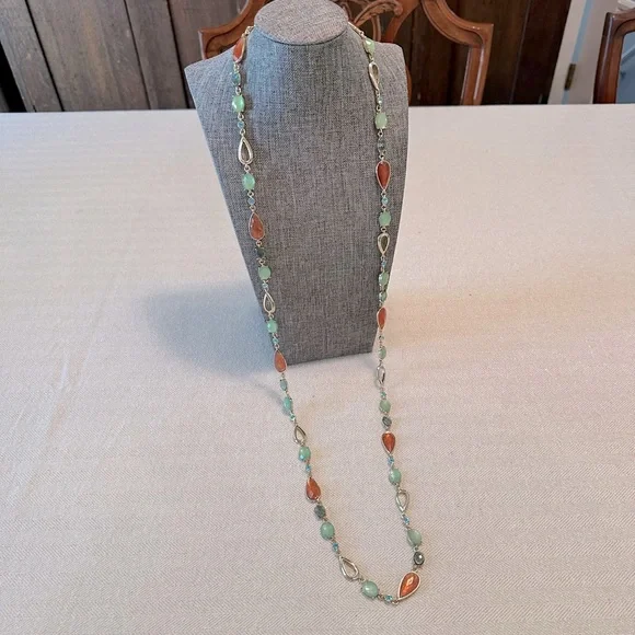 Anne Klein 40" Long Layering Necklace Peach, Green & Turquoise Blue Stations - Picture 1 of 10